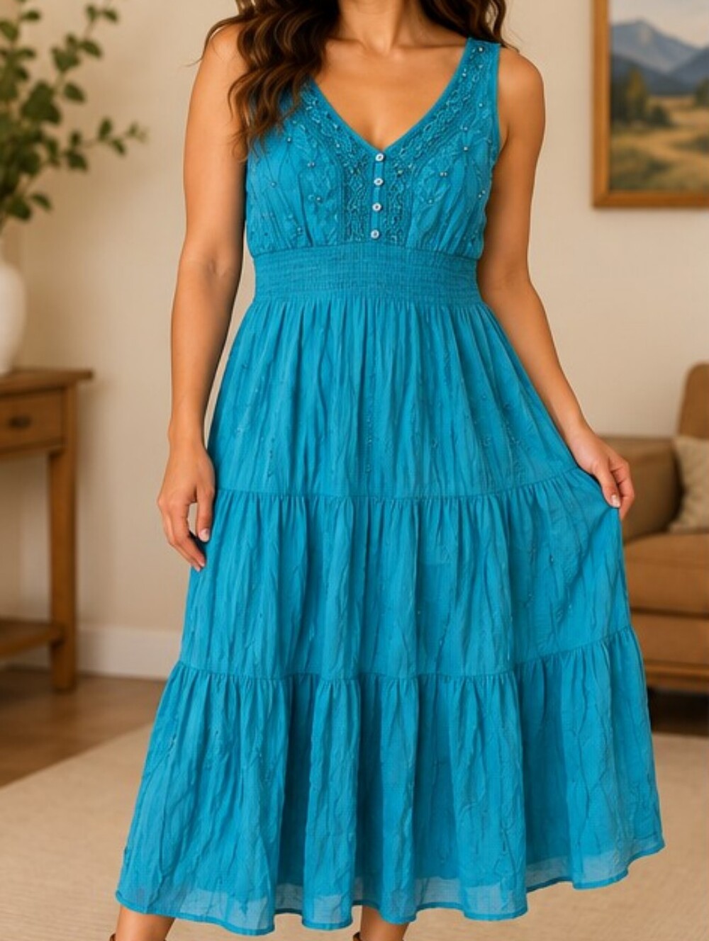 Mlle Gabriel XL Turquoise Cotton Gauze Tiered Boho Midi Dress